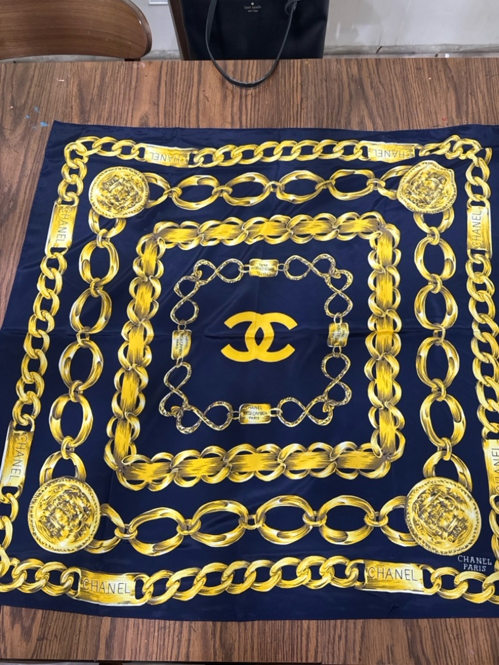 Navy & Gold Chain Print Silk Scarf Luxury Style Square Scarf - Picture 7 of 11